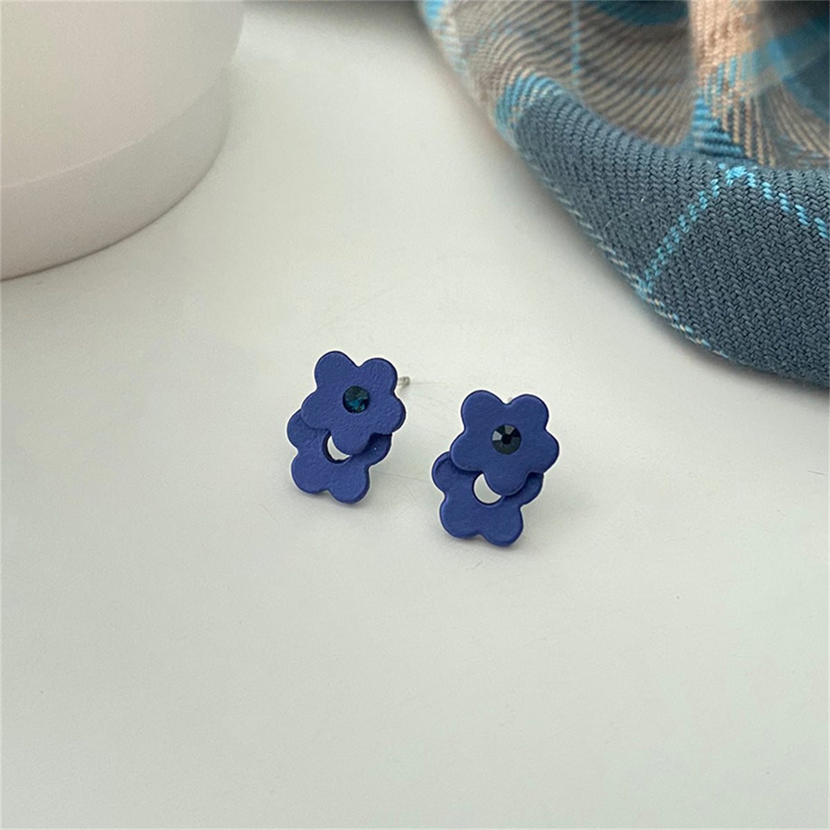 Blue Cubic Zirconia and Enamel Flower Stud Earrings, stud earrings for women, botanical inspired, detail close-up