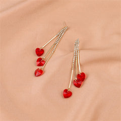 Red Crystal & Cubic Zirconia Heart Tassel Drop Earrings