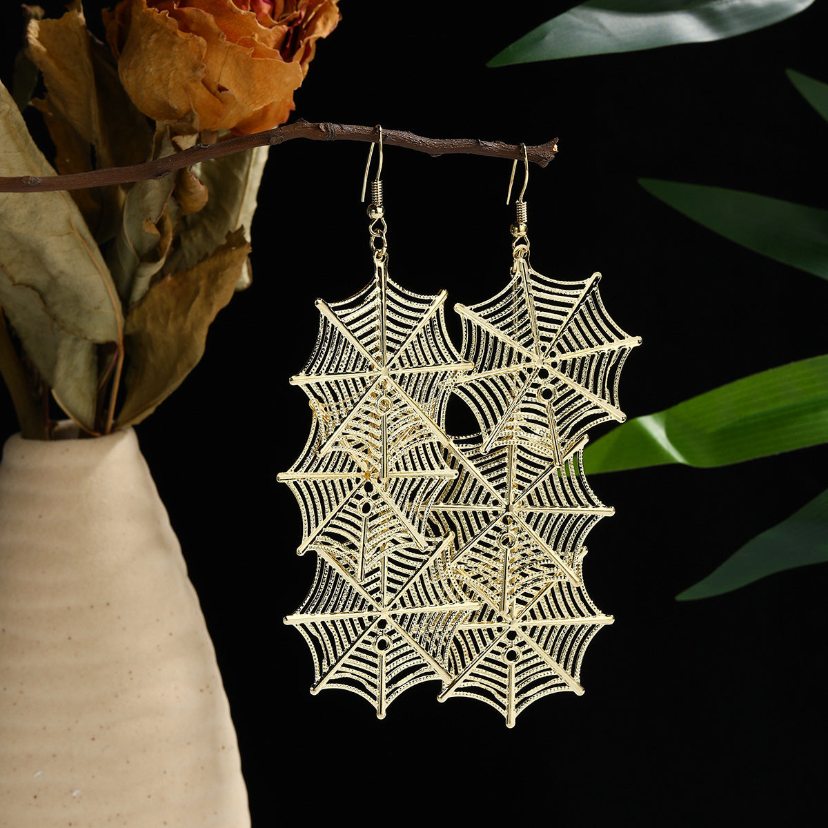 18K Gold-Plated Linked Spider Web Drop Earrings, gold drop earrings for women, dainty minimalist design, styled look