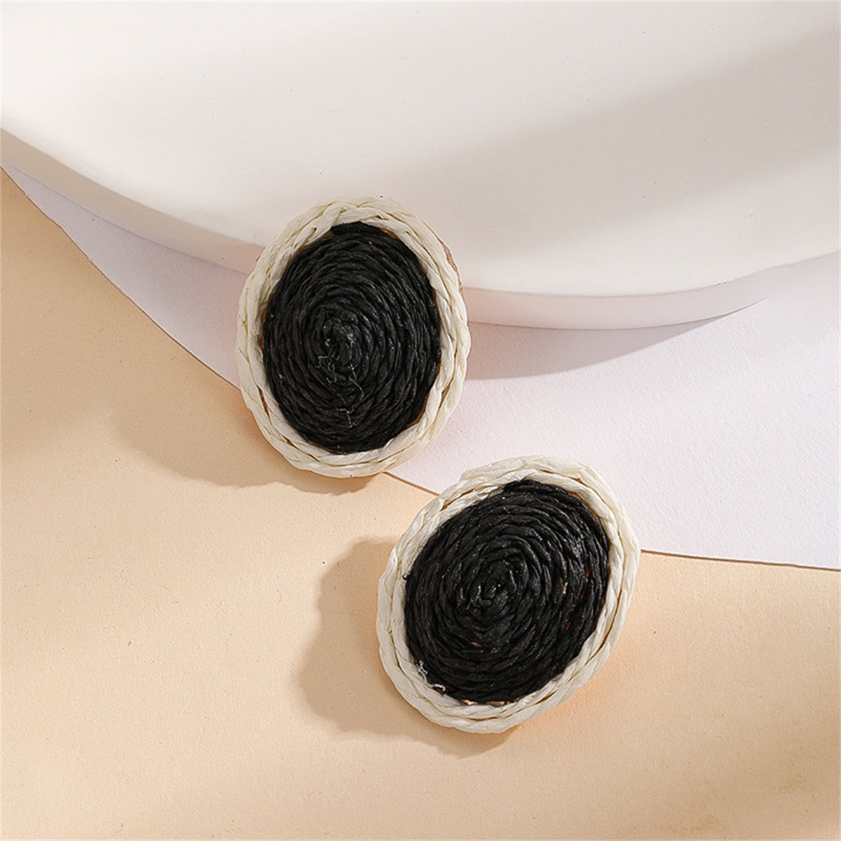 Black Raffia and Silver-Plated Oval Stud Earrings, silver stud earrings for women, dainty minimalist design, detail close-up
