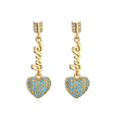 Cyan Cubic Zirconia & 18K Gold-Plated 'LOVE' Heart Drop Earrings