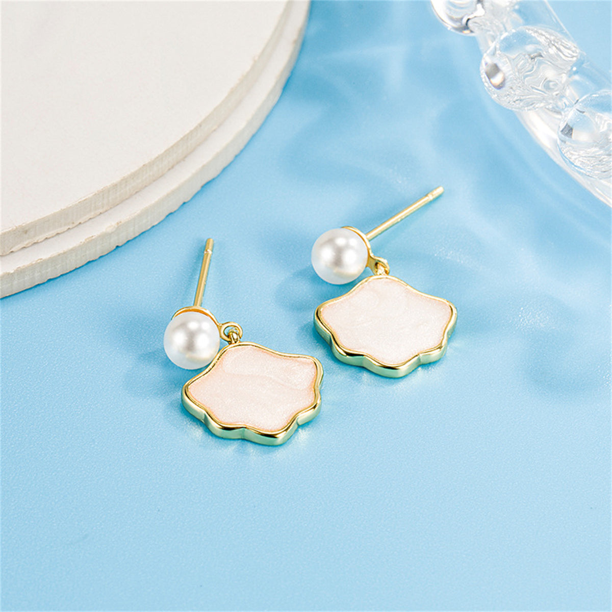 Pearl and Shell 18K Gold-Plated Cloud Drop Earrings, gold drop earrings for women, botanical inspired, detail close-up