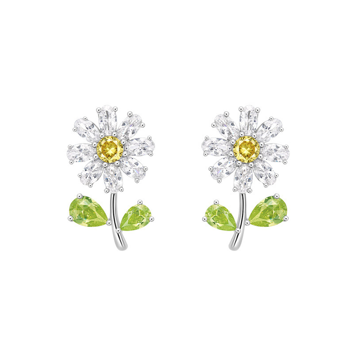 Green Crystal and Silver-Plated Flower Stud Earrings, silver stud earrings for women, elegant gift for her, detail close-up