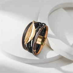 Black Polystyrene & 18K Gold-Plated Bead Line Leaf-Charm Layered Bangle