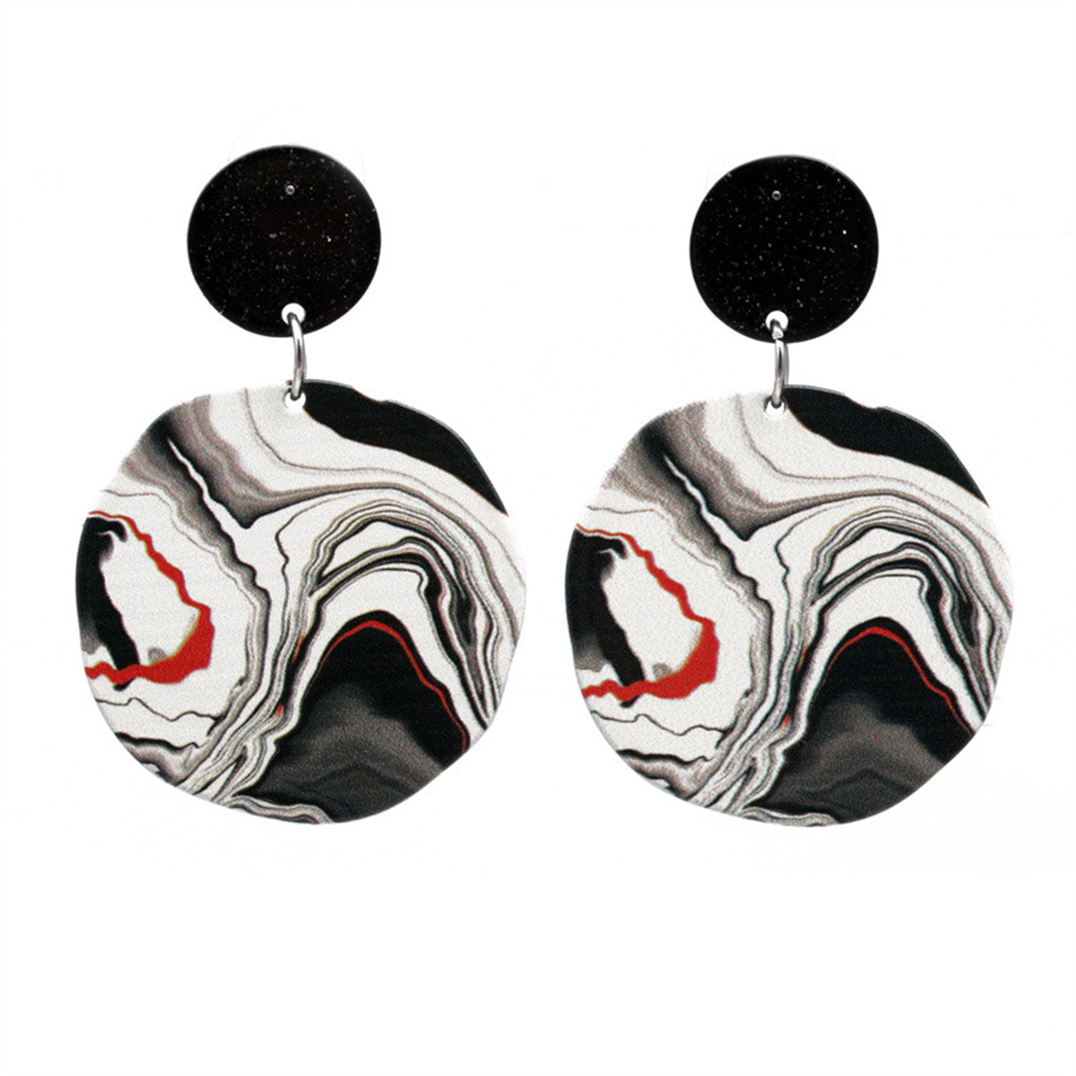 Black and White Acrylic Silver-Plated Marble-Texture Drop Earrings, silver drop earrings for women, detail close-up