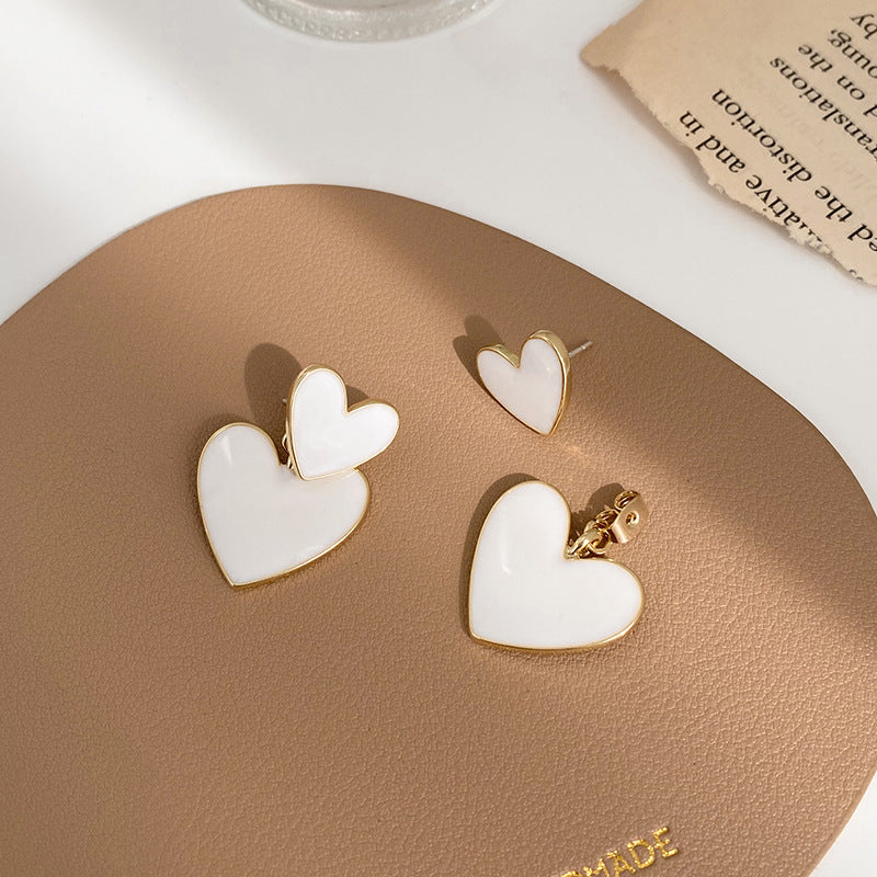 White Enamel and 18K Gold-Plated Double Heart Drop Earrings, gold drop earrings for women, detail close-up
