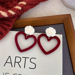 Wine Red Nylon & White Resin Rose Heart Drop Earrings