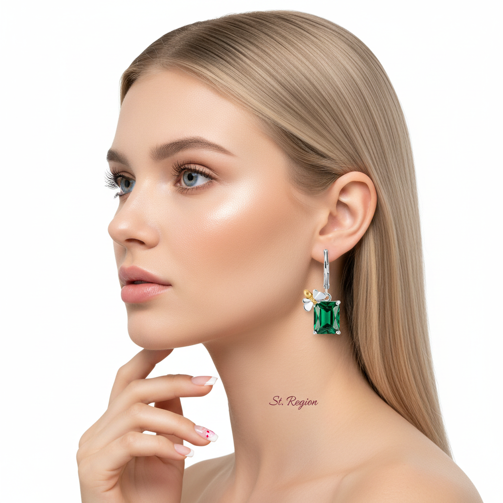 Green Crystal & Two Tone Sqaure Bee Huggie Earrings - Street Region