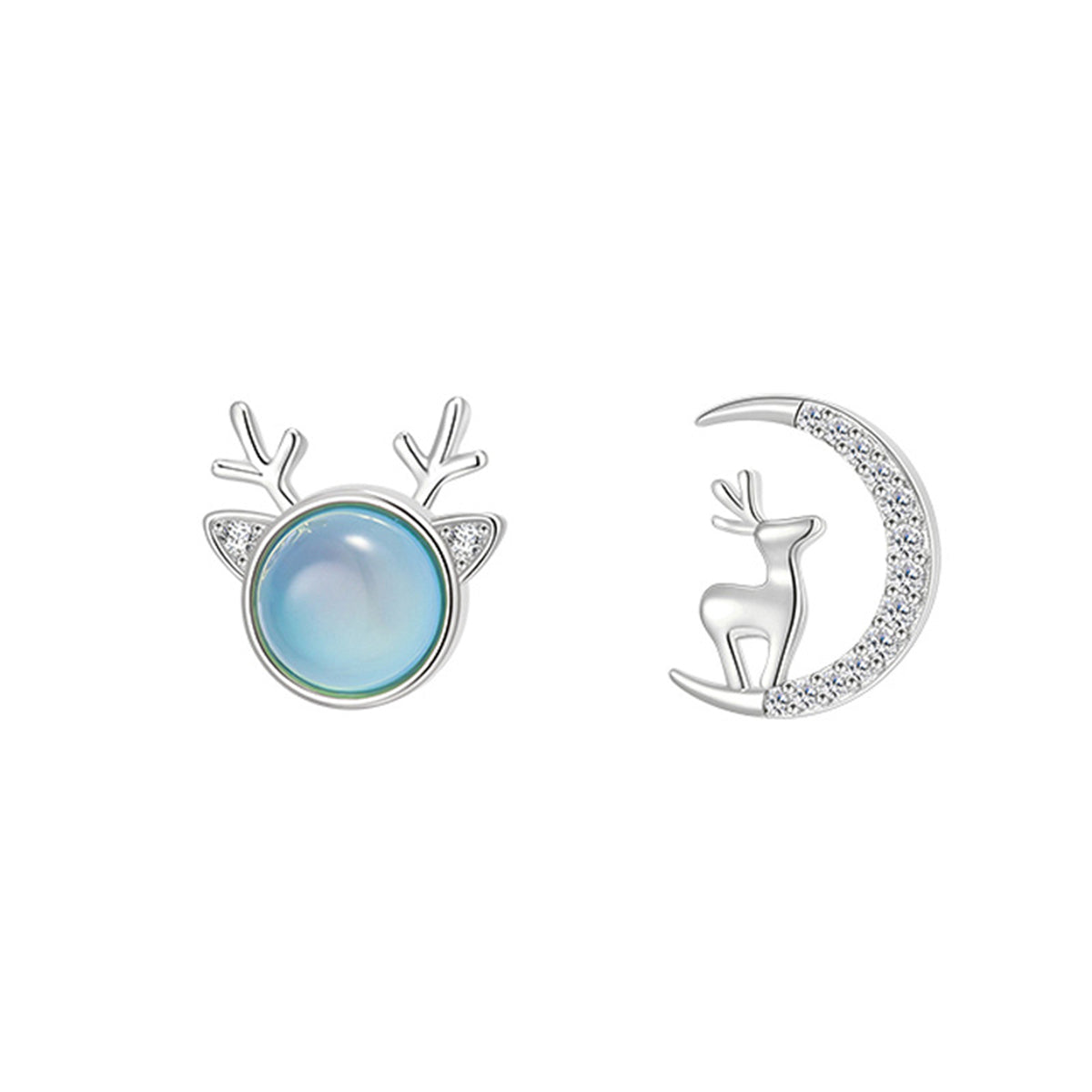 Moonstone and Silver-Plated Deer and Moon Mismatched Stud Earrings, silver stud earrings for women, lifestyle look