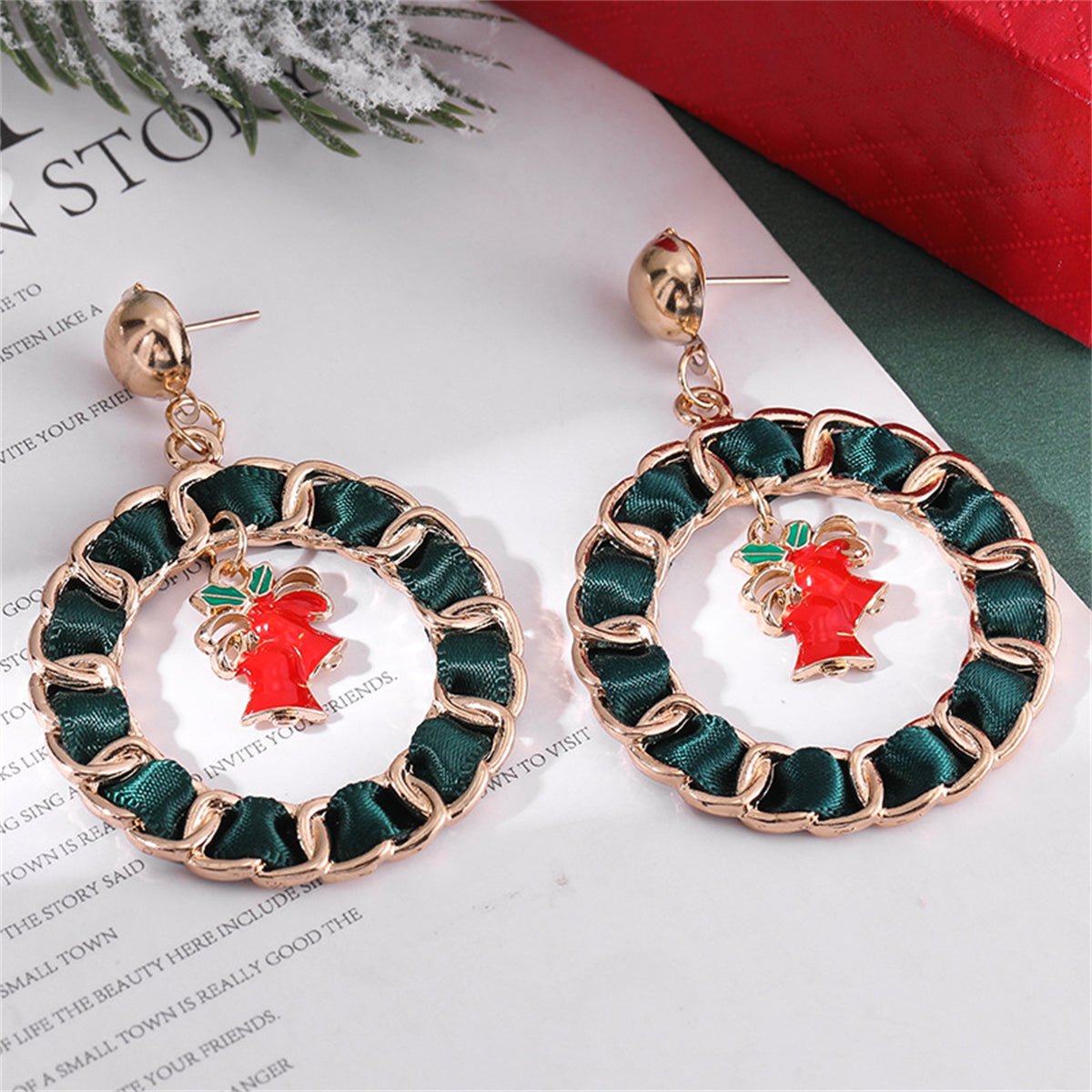 Red Enamel and Polyster 18K Gold-Plated Bell Drop Earrings, gold drop earrings for women, detail close-up