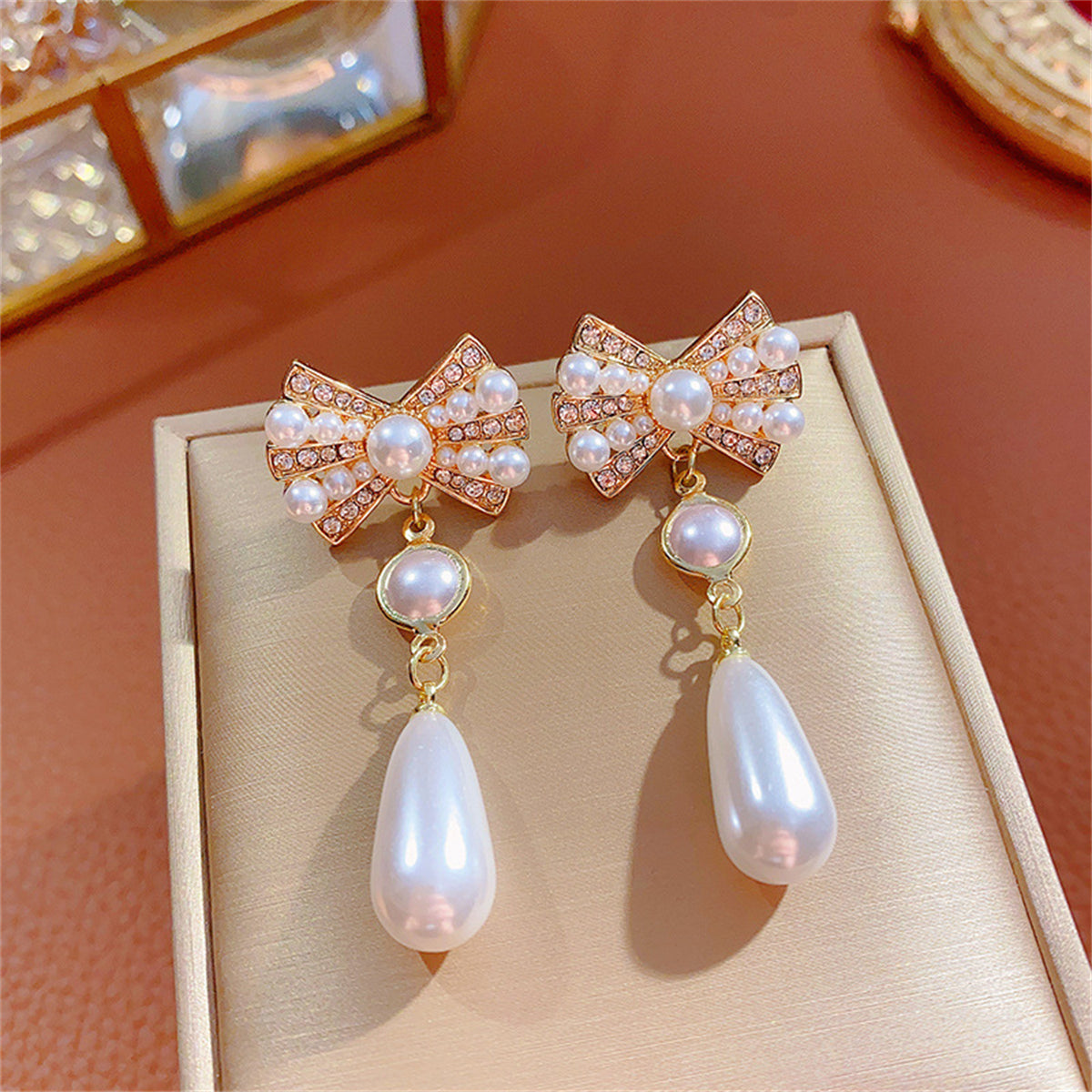 White Cubic Zirconia and Pearl 18K Gold-Plated Bow Drop Earrings, gold drop earrings for women, everyday style, styled look