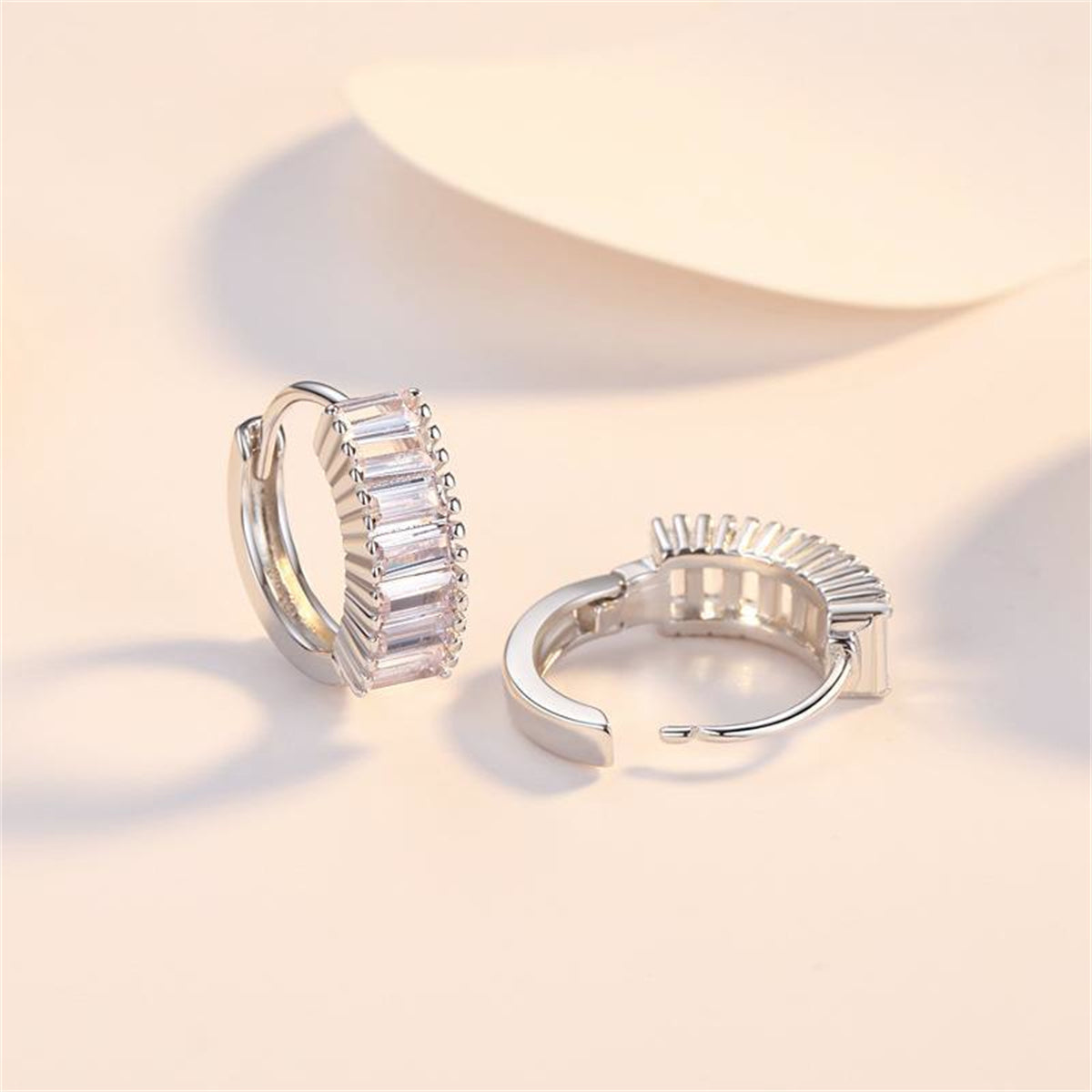 Crystal and Silver-Plated Cushion-Cut Huggie Earrings, silver huggie earrings, botanical inspired, lifestyle look