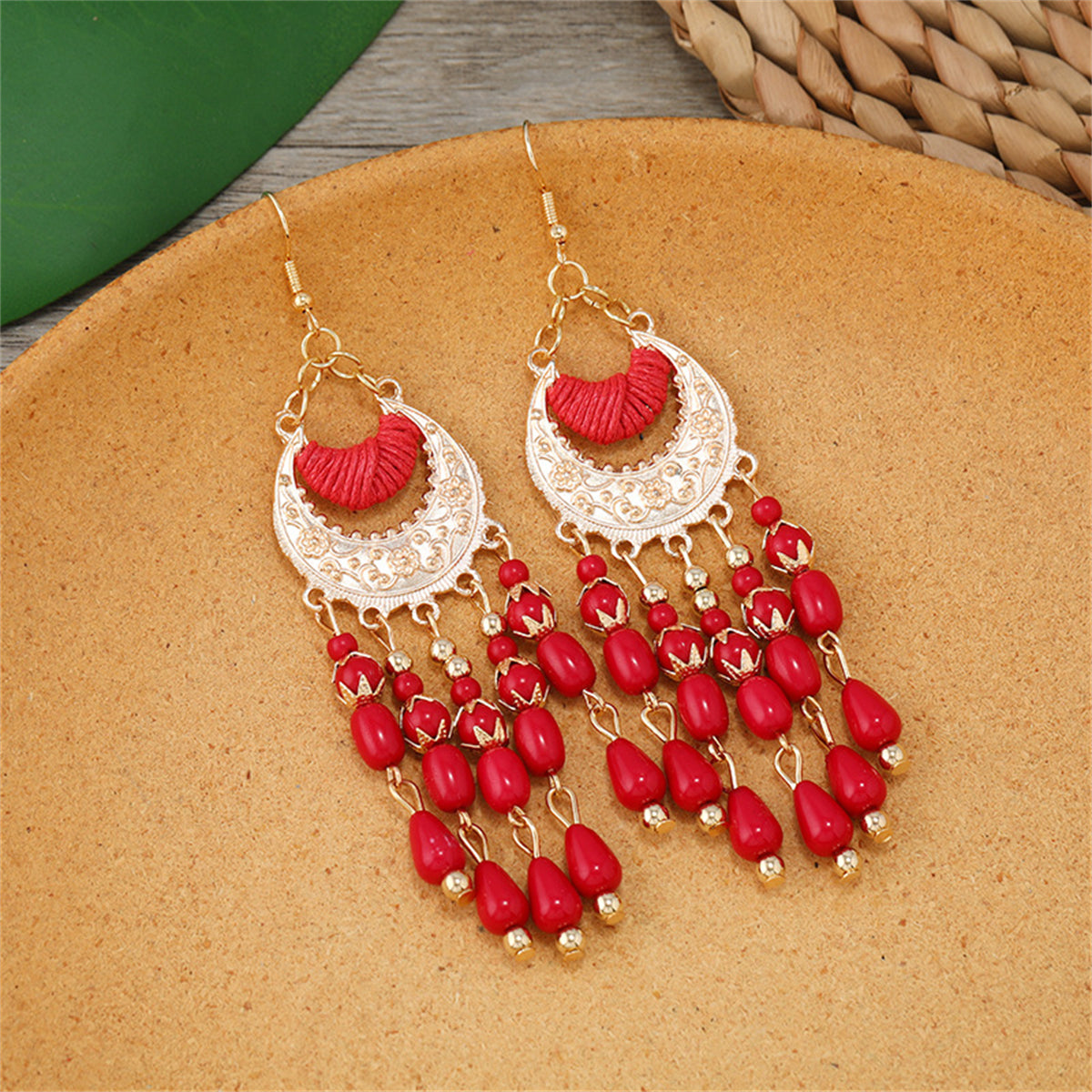 Red Resin and Polyster 18K Gold-Plated Tassel Drop Earrings, gold drop earrings for women, detail close-up