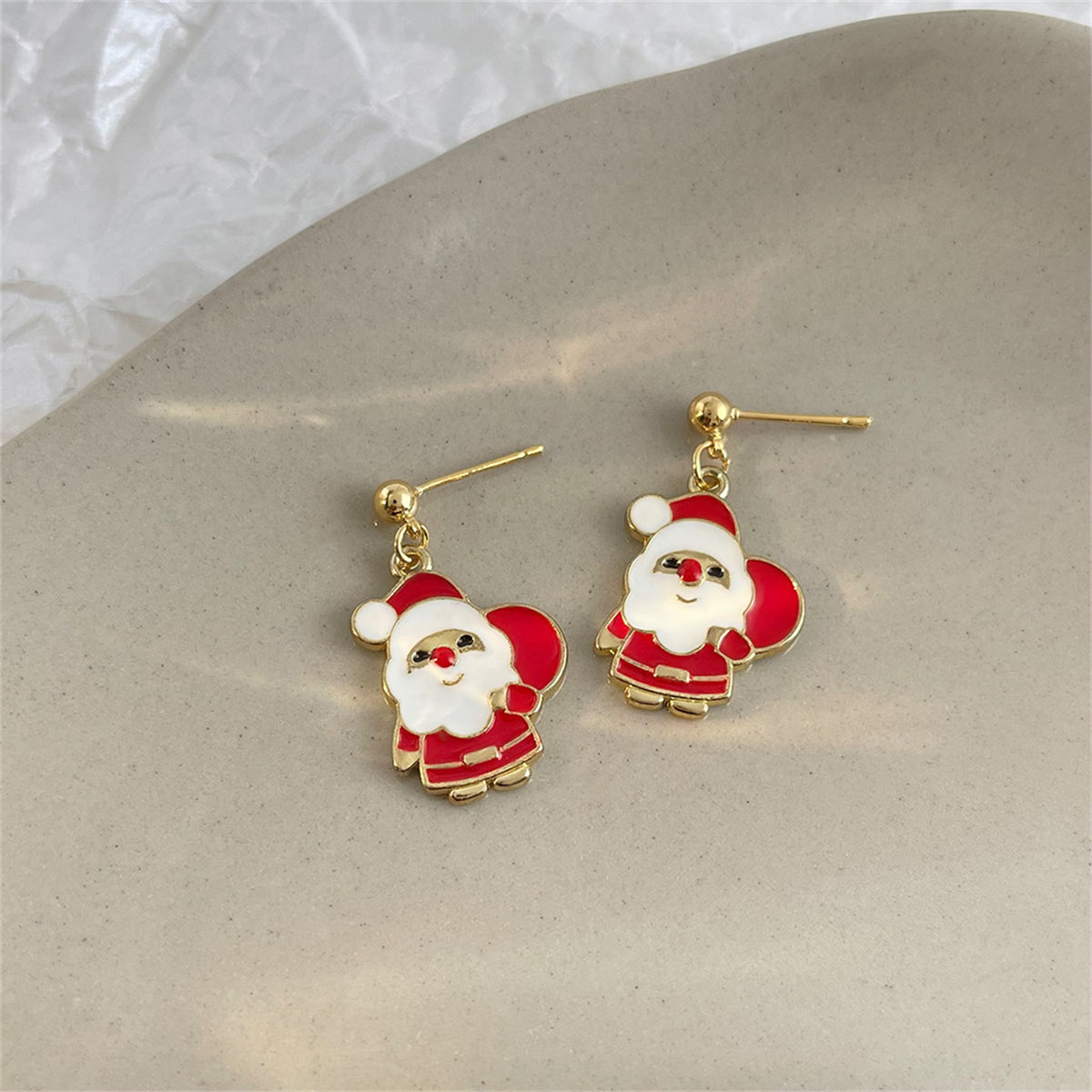 Red and White Enamel 18K Gold-Plated Santa Drop Earrings, gold drop earrings for women, everyday style, side view