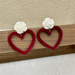 Wine Red Nylon & White Resin Rose Heart Drop Earrings