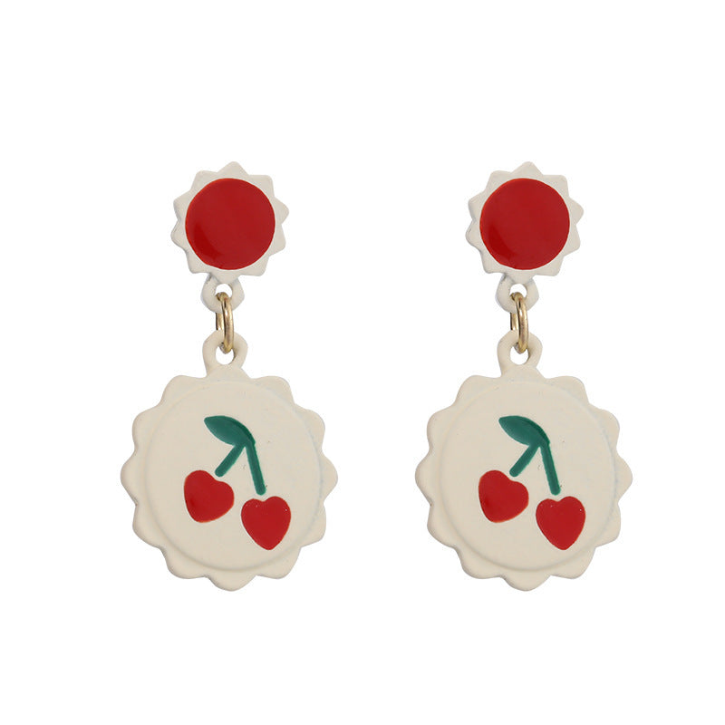 White and Red Enamel Scalloped Heart Cherry Drop Earrings, drop earrings for women, dainty minimalist design, detail close-up