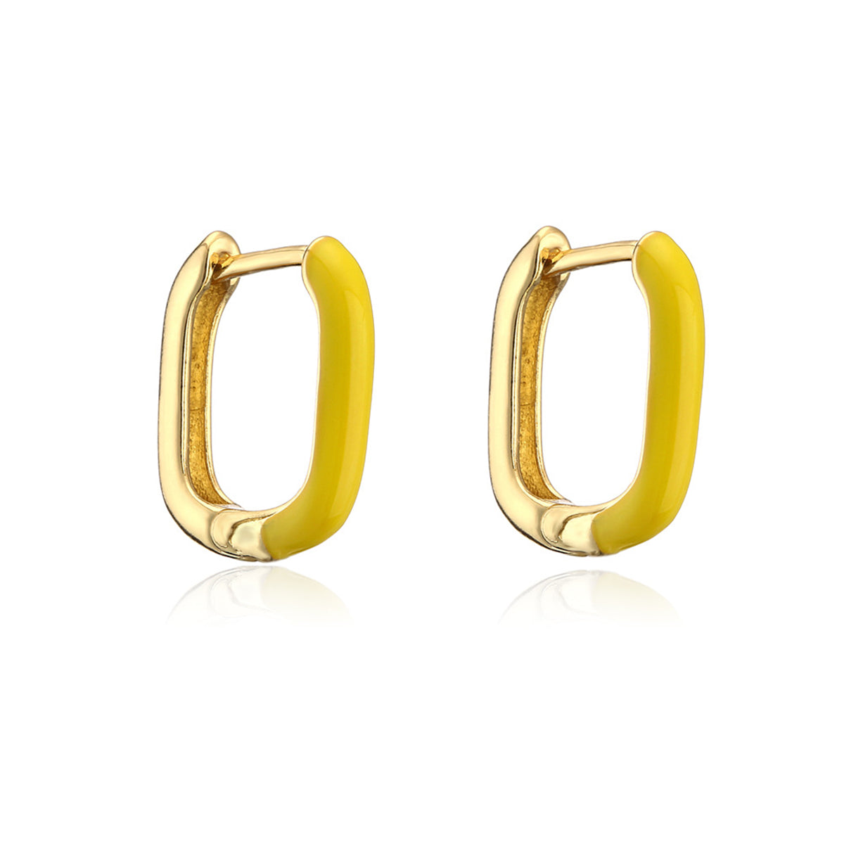 Yellow Enamel and 18K Gold-Plated Square Huggie Earrings, gold huggie earrings, dainty minimalist design, side view