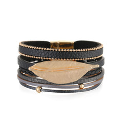 Black Polystyrene & 18K Gold-Plated Bead Line Leaf-Charm Layered Bangle
