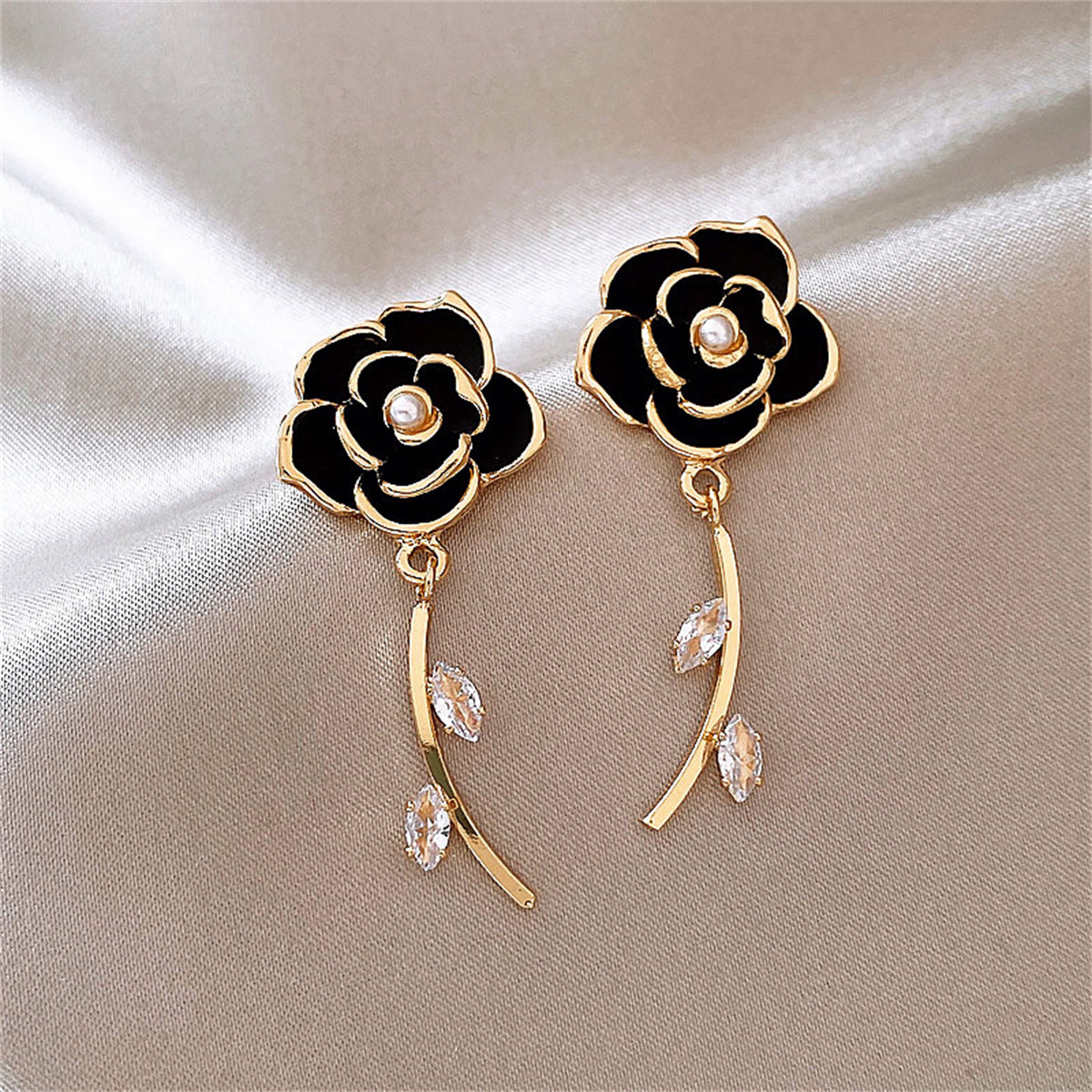 Black Enamel and Cubic Zirconia 18K Gold-Plated Floral Drop Earrings, gold drop earrings for women, detail close-up