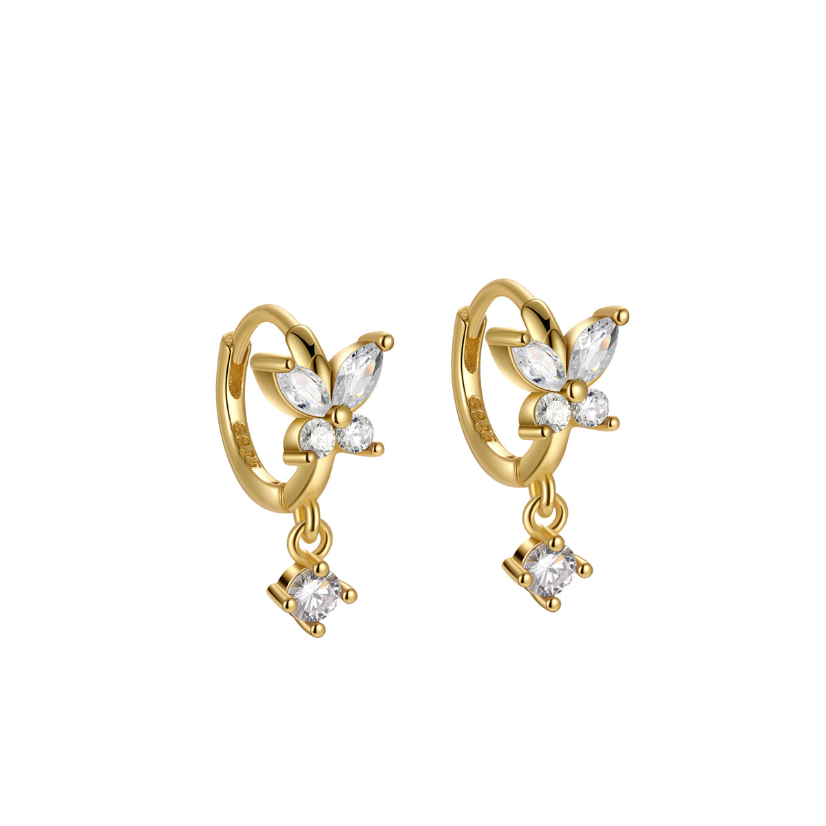 Cubic Zirconia and 18K Gold-Plated Butterfly Huggie Earrings, gold huggie earrings, dainty minimalist design, detail close-up