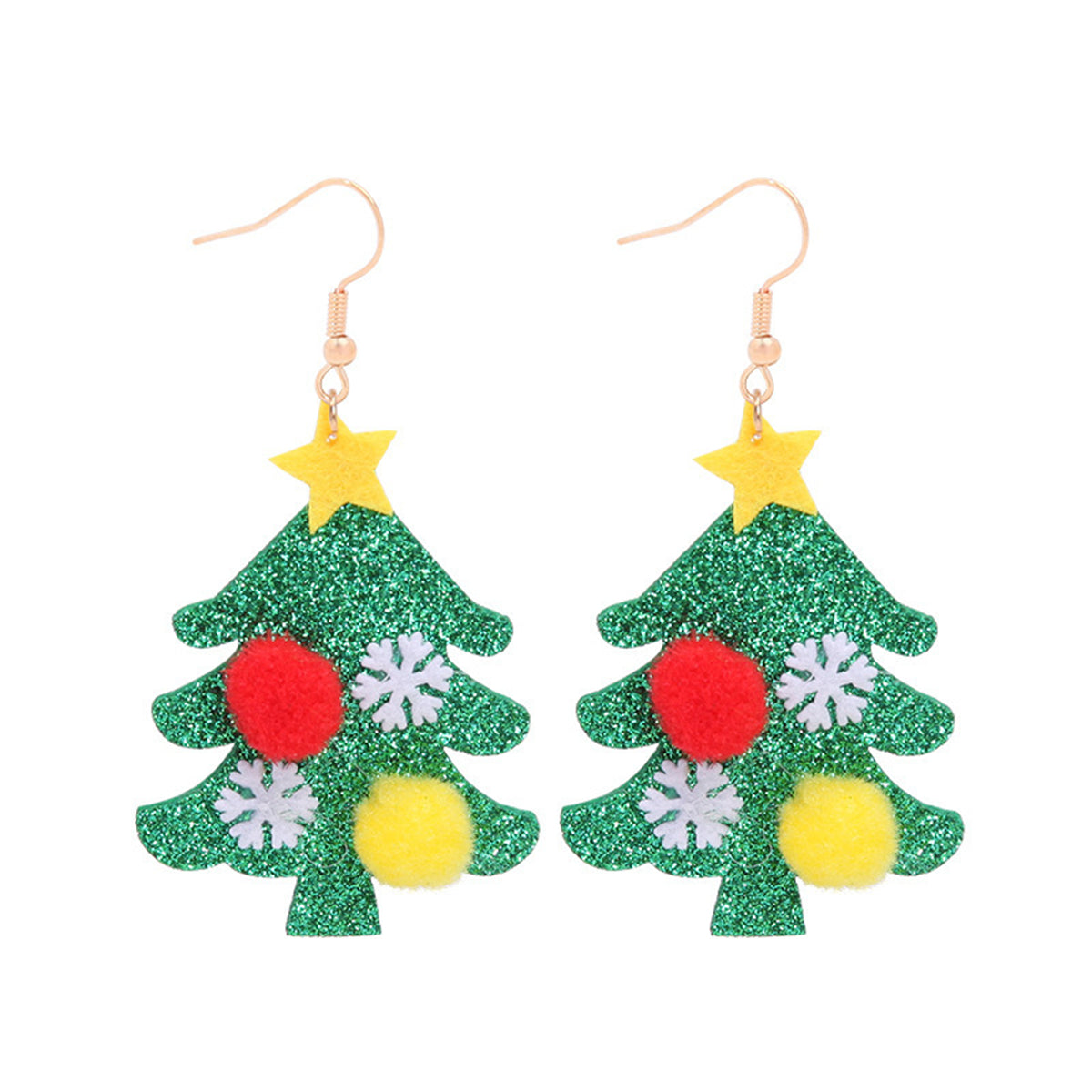 Green and 18K Gold-Plated Holiday Tree Drop Earrings, gold drop earrings for women, dainty minimalist design, detail close-up