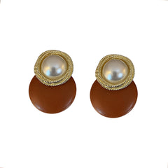 Brown Polystyrene & Pearl Circle Dangle Earrings