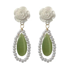Green Cat's Eye & Pearl 18K Gold-Plated Rose Teardrop Earrings