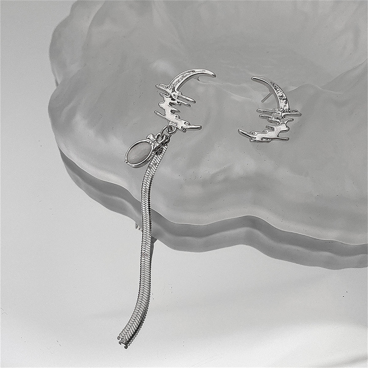 Quartz and Silver-Plated Moon Above Sea Asymmetric Earrings, silver stud earrings for women, everyday style, styled look