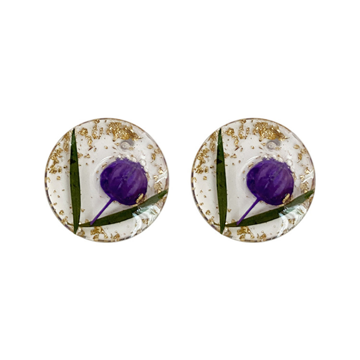 Purple and Silver-Plated Round Flower Stud Earrings, silver stud earrings for women, everyday style, detail close-up