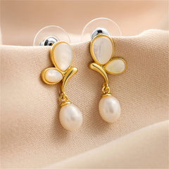 White Cat's Eye & Pearl 18K Gold-Plated Butterfly Drop Earrings