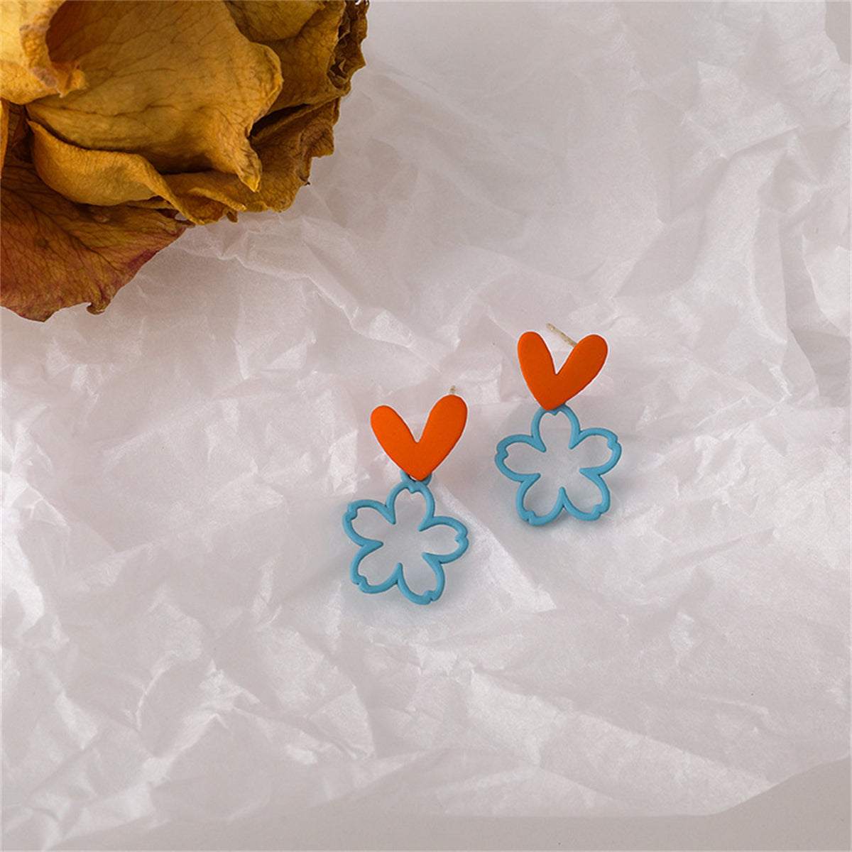 Blue and Pink Heart and Flower Drop Earrings, drop earrings for women, botanical inspired, styled look