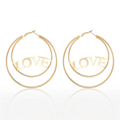 Stunning 18K gold-plated layered circle hoop earrings with a charming 'Love' motif, ideal for any romantic occasion.