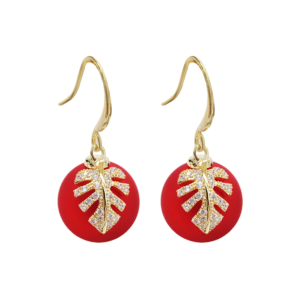 Red Resin & Clear Cubic Zirconia Leaf Ball Drop Earrings