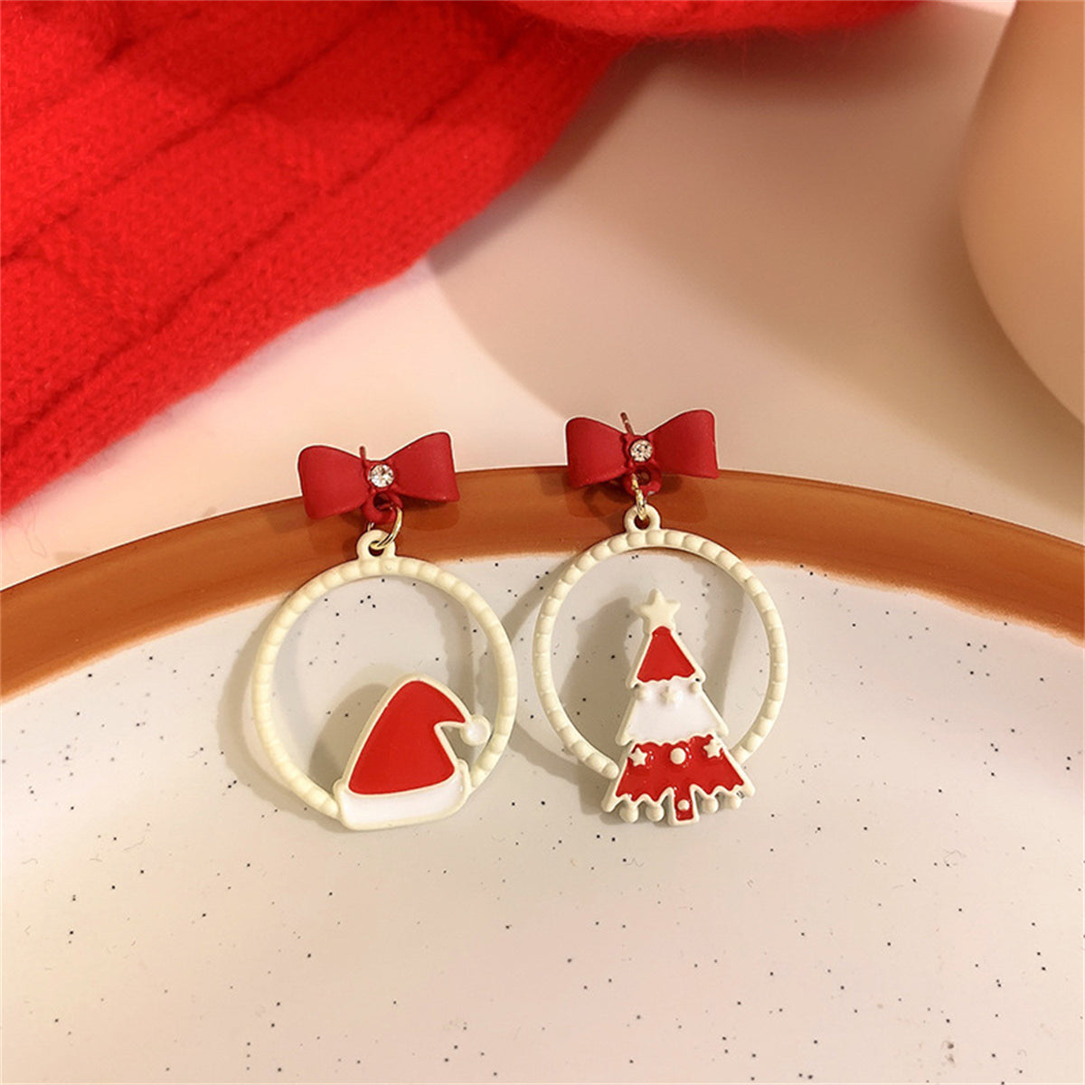 White and Red Hat Christmas Tree Circle Mismatch Drop Earrings, drop earrings for women, detail close-up