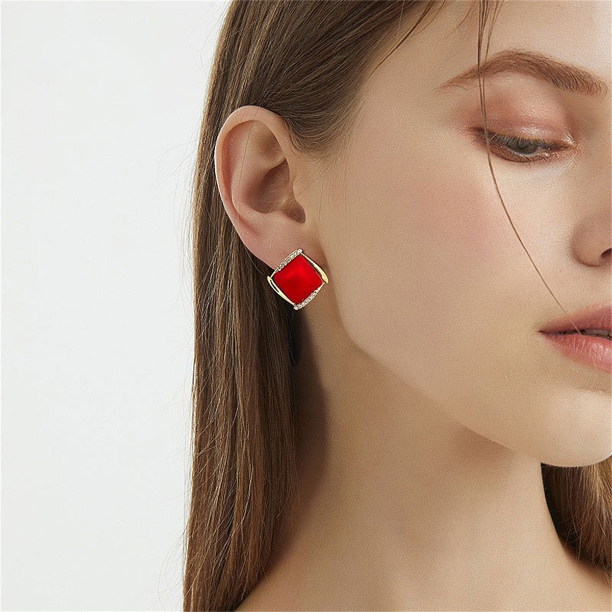 Red Resin & Cubic Zirconia Rhombus Stud Earrings