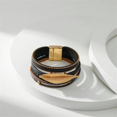 Black Polystyrene & 18K Gold-Plated Bead Line Leaf-Charm Layered Bangle