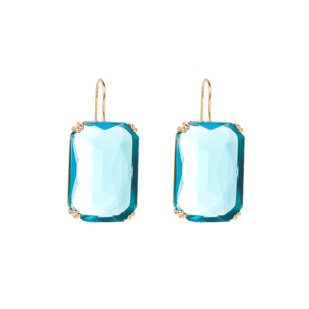 Blue Crystal and 18K Gold-Plated Emerald-Cut Drop Earrings, gold drop earrings for women, detail close-up