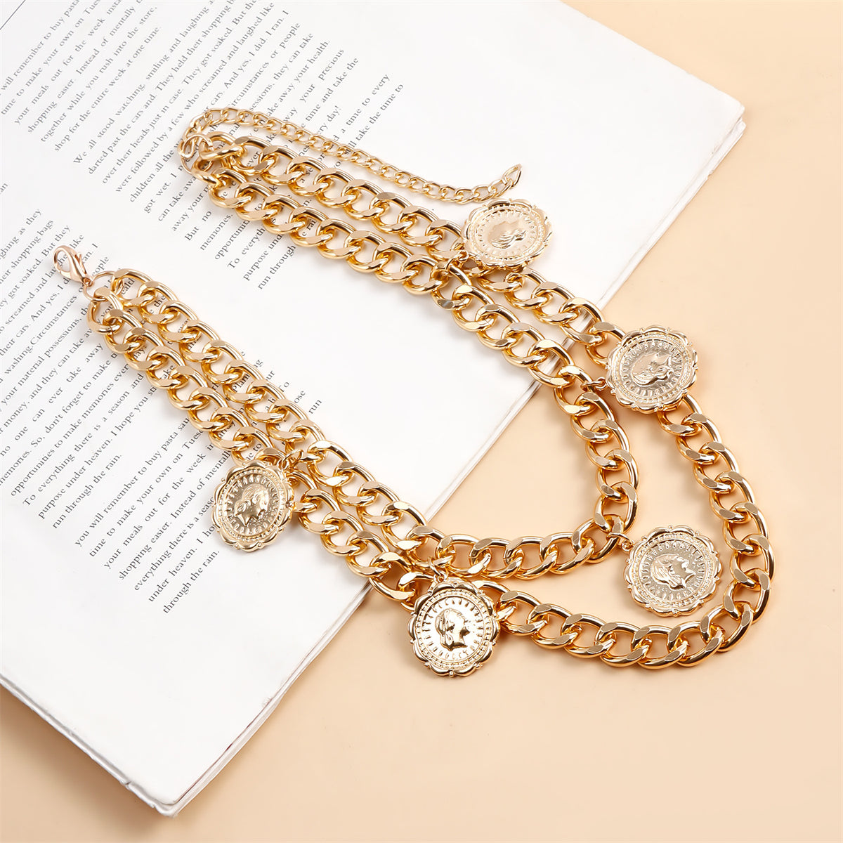 18K Gold-Plated Coin Station Layered Statement Necklace, chunky gold choker necklace, dainty minimalist design, styled look