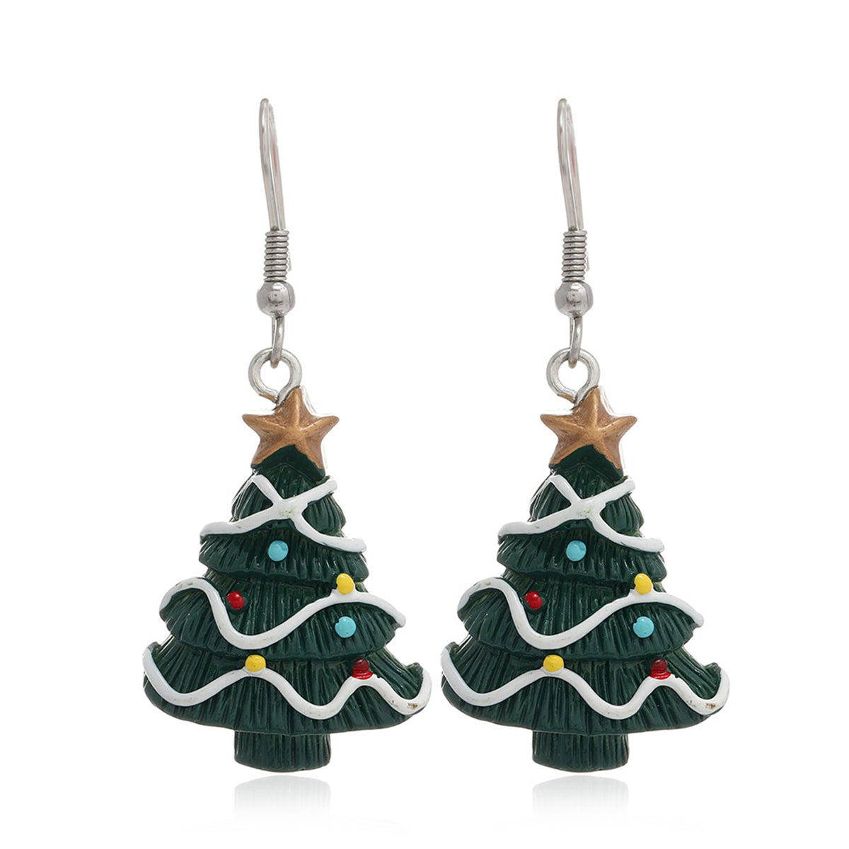 Green Resin and Silver-Plated Christmas Tree Drop Earrings, silver drop earrings for women, everyday style, side view