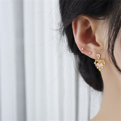 Pink Cat's Eye & Crystal Cubic Zirconia Heart Drop Earrings