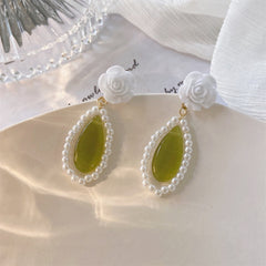 Green Cat's Eye & Pearl 18K Gold-Plated Rose Teardrop Earrings