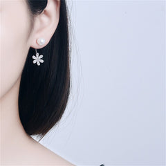 Cubic Zirconia & Pearl Silver-Plated Flower Drop Earrings