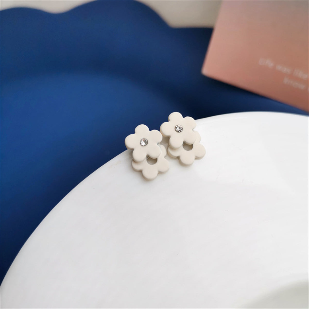 Cubic Zirconia and Enamel Flower Stud Earrings, stud earrings for women, vintage-inspired design, detail close-up
