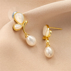 White Cat's Eye & Pearl 18K Gold-Plated Butterfly Drop Earrings