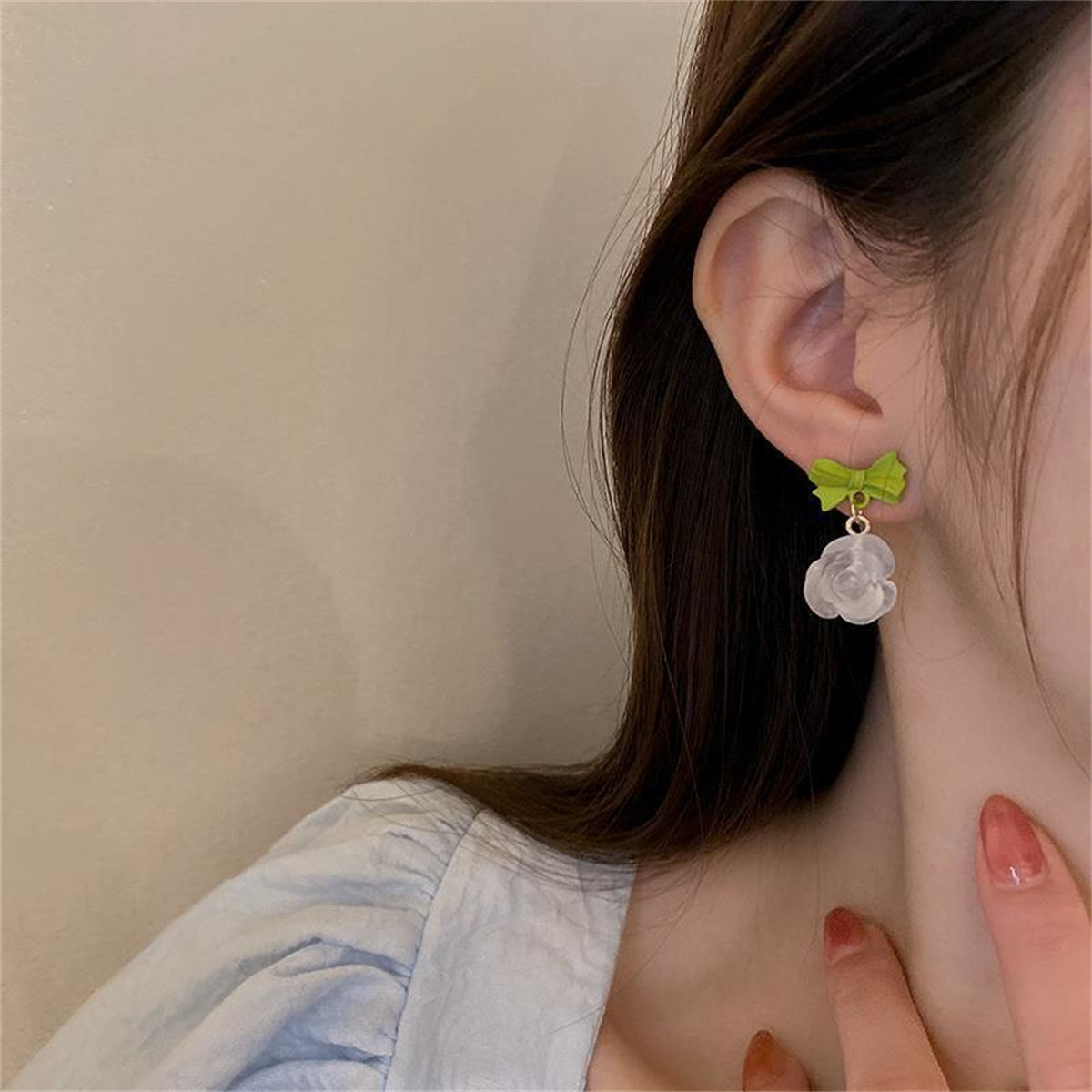 Green and Translucent Bow and Rose Drop Earrings, drop earrings for women, vintage-inspired design, lifestyle look