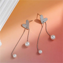 Cubic Zirconia & Pearl Silver-Plated Heart Bead Drop Earrings