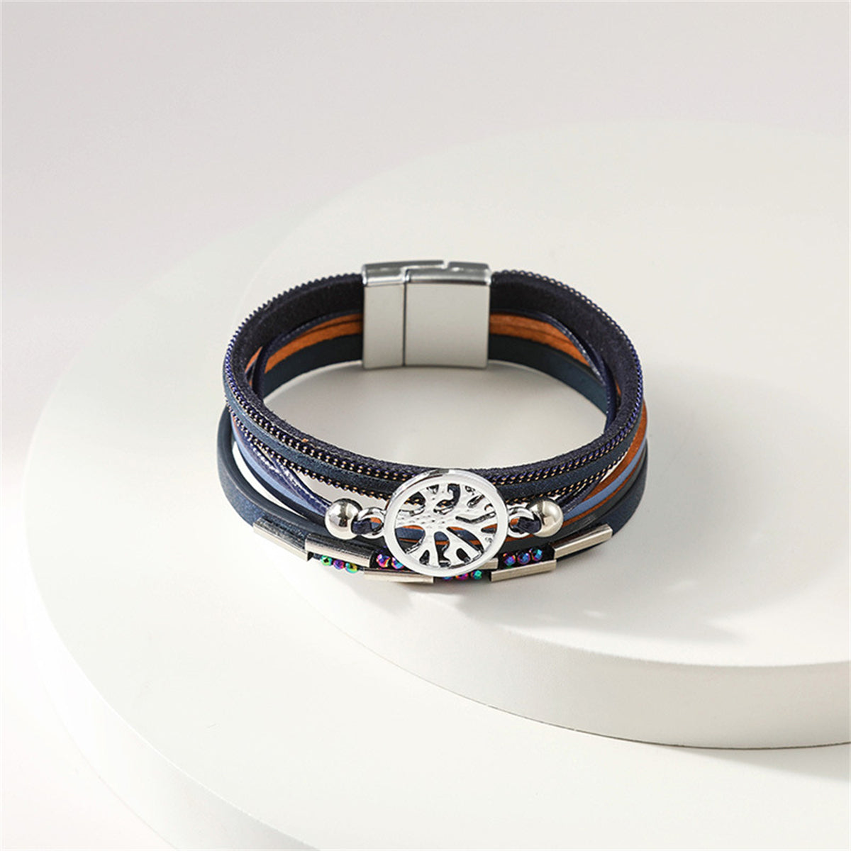 Iridescent Cubic Zirconia and Navy Tree Of Life Stacked Bracelet, bracelet for women, vintage-inspired design, lifestyle look