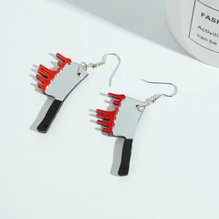 Unique drop earrings showcasing a bleeding knife design, made of acrylic and silver-plated for Halloween style.