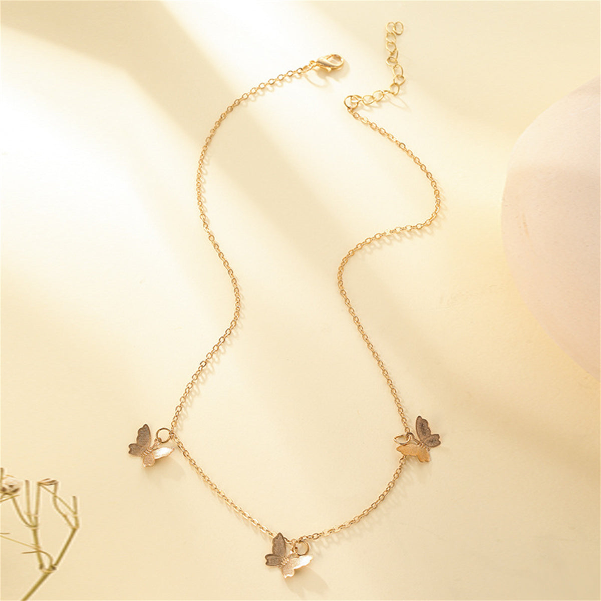 18K Gold-Plated Butterfly Station Necklace, gold pendant necklace for women, dainty minimalist design, lifestyle look