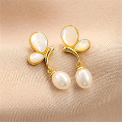 White Cat's Eye & Pearl 18K Gold-Plated Butterfly Drop Earrings